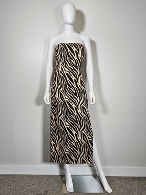 Gunne Sax Vintage Strapless Zebra-Print Midi Dress in Tan and Black Sz 5